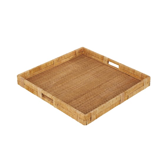 23" x 22" Brown Handmade Woven Rattan Living Room Décor Tray with Slot Handles